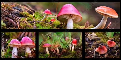Wild Edible Mushrooms Collage. Various Mushroom Hunting Photo Collection