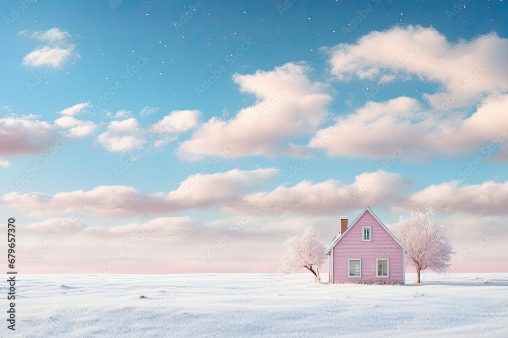 pink little house in snowy winter landscape