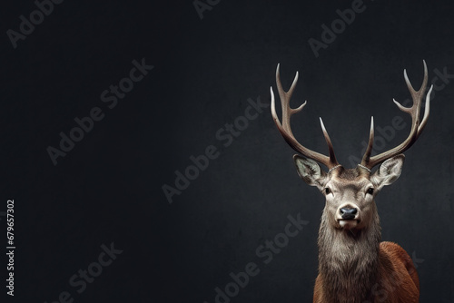 Front view of Red Deer on dark gray background. Wild animals banner with copy space © Uwe