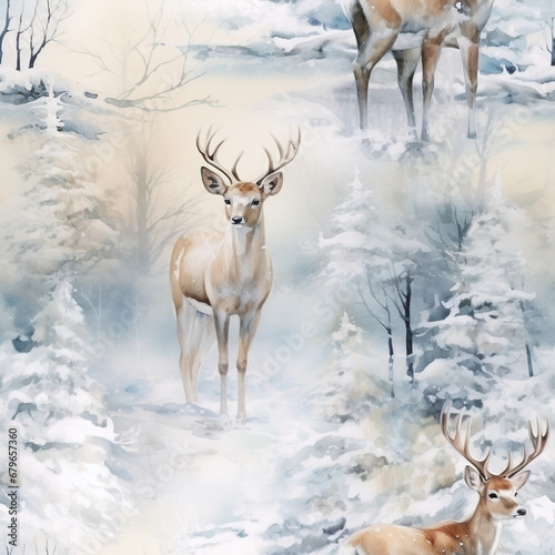 forest, ice, ,snow and deer seamless watercolor christmass seamless pattern textile Generative AI