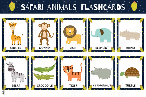 Canvas Print Safari animals flashcards collection for kids