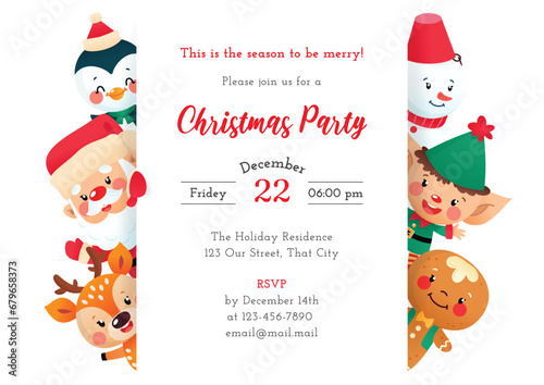 Christmas Party invitation template. Winter holiday illustration with a Santa Claus, a little deer, a penguin, an elf, a snowman and a gingerbread man holding a poster. Vector 10 EPS.
