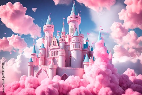 3D rendering of a fairy tale castle with cotton candy clouds transports you to a dreamlike world 