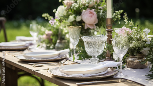 Table decor, holiday tablescape and dinner table setting in countryside garden, formal event decoration for wedding, family celebration, English country and home styling