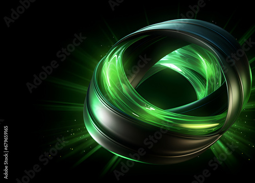 Abstract digital art of a glowing green neon sphere with dynamic light rays on a dark background.