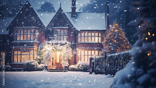 Christmas in the countryside manor  English country house mansion decorated for holidays on a snowy winter evening with snow and holiday lights  Merry Christmas and Happy Holidays