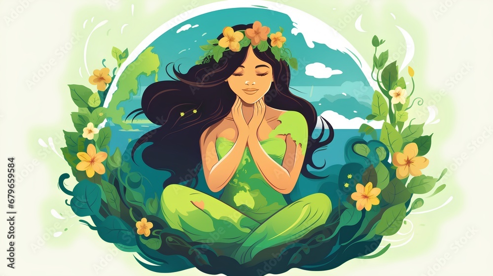 Mother Earth depicted as a serene woman in a lotus position, encircled ...