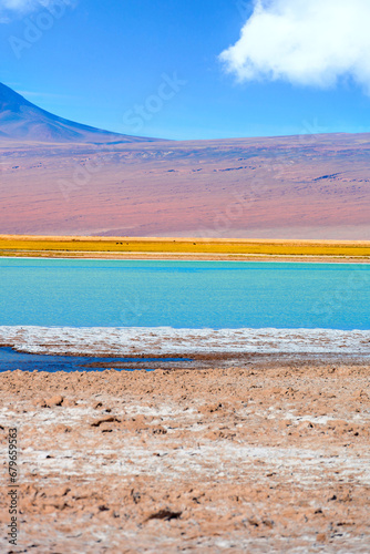 Laguna Tebenquiche, um lago de sal com cores vibrantes azul, verde e amarela ao lado do vulcão Licancabur.   photo