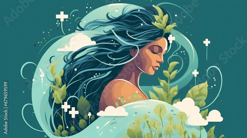 Illustration of the Mother Earth, a woman with flowing long hair gracefully intertwined with stylized elements of nature, symbolizing the harmonious relationship between humans and the environment. photo