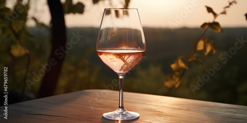 Glass of white wine on the table outdoors on blurred vineyard background at sunset