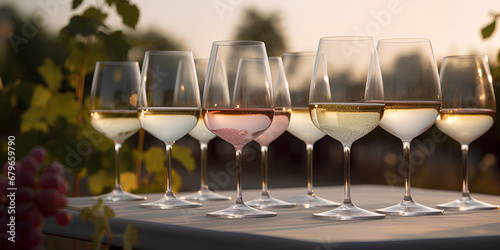 Glasses of wine on the table outdoors. Wine tasting