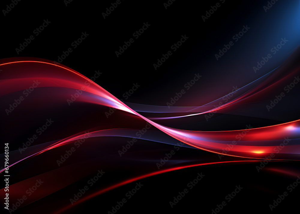 Naklejka premium Soft red waves in neon light on a black background. Abstract wide wallpaper. 