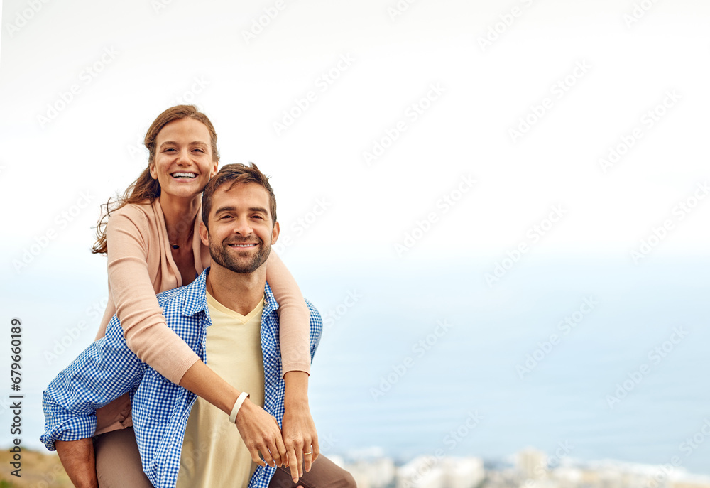 Couple, piggy back and smile in portrait, outdoors and vacation or holiday, date and bonding for love. Happy people, play and fun on trip, travel and connection in marriage, support and trust or face Couple, piggy back and smile in portrait, outdoors and vacation or holiday, date and bonding for love. Happy people, play and fun on trip, travel and connection in marriage, support and trust or face