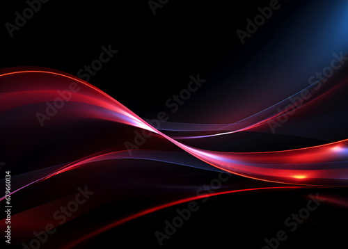  Soft red waves in neon light on a black background. Abstract wide wallpaper. 
