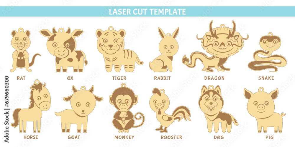 Obraz premium Chinese New Year Zodiac Collection. Template for laser cut and engrave. Rat, ox, tiger, rabbit, dragon, snake, horse, goat, monkey, rooster, dog and pig. Vector illustrations in simple style. 