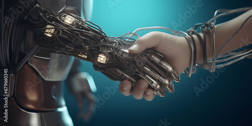 Handshake between child and cyborg, full of wires and cables. Futuristic. Intersection between technology and humanity. The image depicts a futuristic world where cyborgs and humans coexist and intera photo