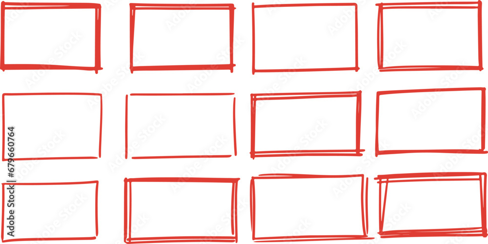 Drawn pen line rectangle set. Hand drawn marker stroke style doodle rectangle frame. Scribble rectangle frame for text highlight. Vector illustration set. - obrazy, fototapety, plakaty 