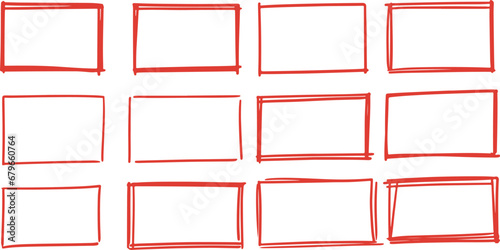 Drawn pen line rectangle set. Hand drawn marker stroke style doodle rectangle frame. Scribble rectangle frame for text highlight. Vector illustration set.