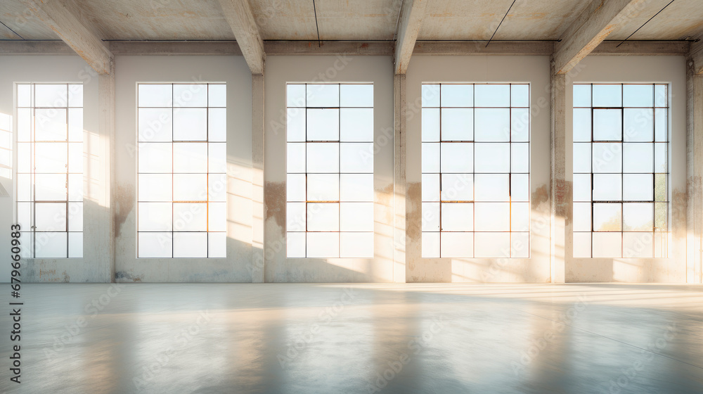 Fototapeta premium Empty loft, industrial grunge interior. Old concrete walls and big windows. Interior concept background.