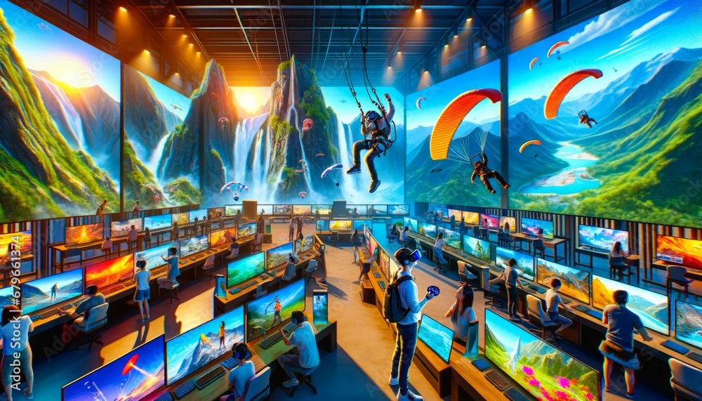 Expansive virtual reality park simulating extreme sports and exotic locations, with visitors engaged in various interactive experiences.Generative AI