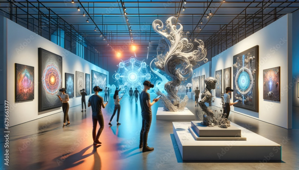 Fototapeta premium Modern VR art gallery with 3D digital sculptures and interactive art installations.Generative AI