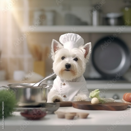 West white terrier cooking food wear terrier puppies animal AI generated photo