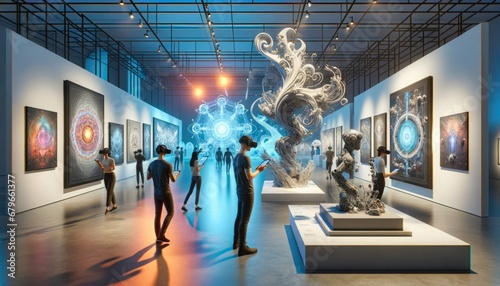 Modern VR art gallery with 3D digital sculptures and interactive art installations.Generative AI photo