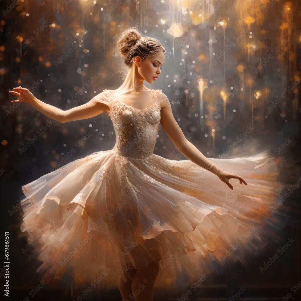 Ethereal ballerina performs a delicate dance in a shimmering, golden-lit studio atmosphere