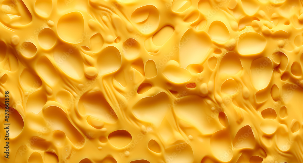 close-up of a cheese texture with many holes and bubbles. It's bright yellow, with shadows that create depth close-up of a cheese texture with many holes and bubbles. It's bright yellow, with shadows that create depth