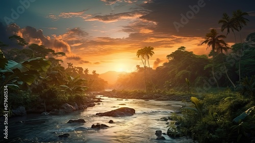 Tropical River Flow Through The Jungle Forest