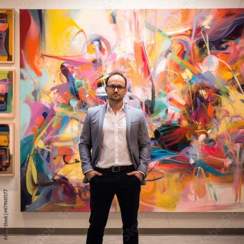 Well-dressed man with glasses standing confidently in front of a large, expressive abstract painting in a gallery photo