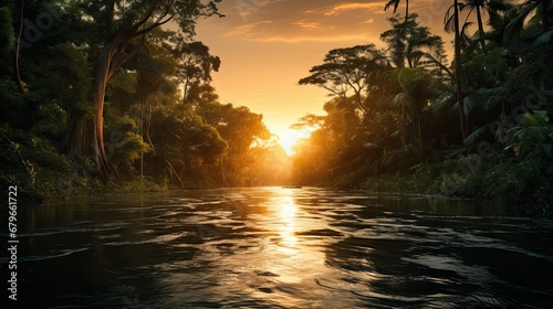 Tropical River Flow Through The Jungle Forest