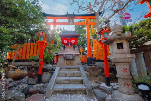 Kyoto, Japan - April 2 2023: Tatsumi Daimyojin Shrine situated nearby Tatsumu bashi bridge in Gion district photo