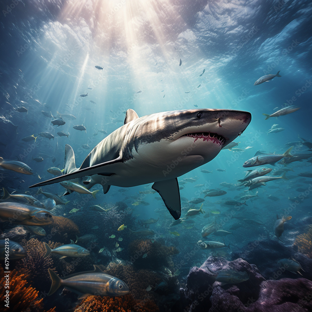 Obraz premium Great white shark, coral reef, natural colors, dangerous sea predators.