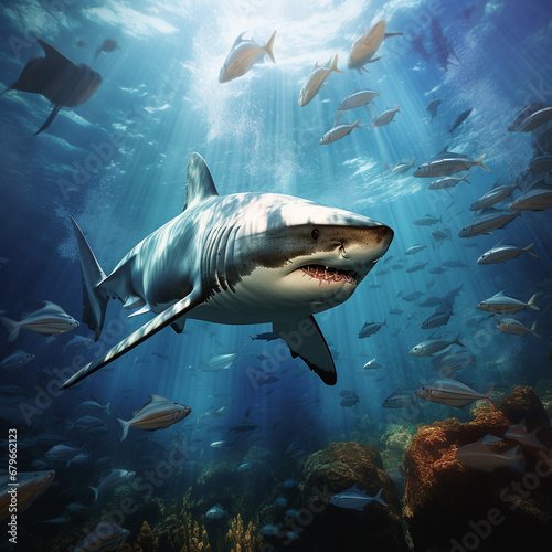 Great white shark  coral reef  natural colors  dangerous sea predators.