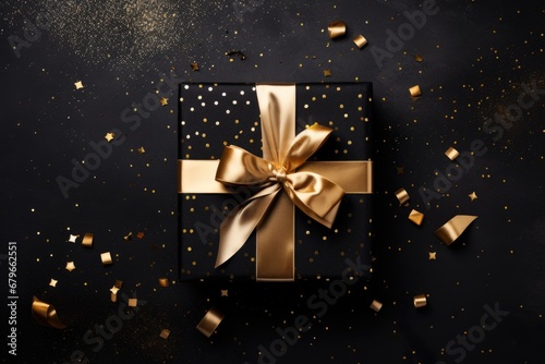 black gift with golden bow on dark background