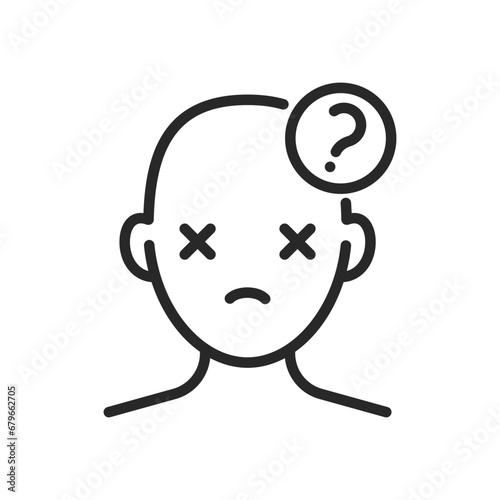 Dissociation Icon. Vector Outline Editable Isolated Sign of a Person with Crossed Eyes and a Question Mark Overhead, Symbolizing the Mental State of Dissociation and Confusion.