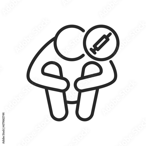 Drug Addiction Icon. Vector Outline Editable Isolated Sign of a Crouching Addict Embracing Knees, Thinking About a Syringe, Symbolizing the Harsh Realities of Substance Dependency and Abuse.