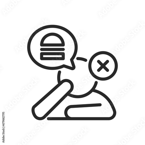 Food Disorder Icon. Vector Outline Editable Isolated Sign of a Person Contemplating Food but Unable to Eat, Symbolizing the Struggle with Eating Disorders, Loss of appetite and Food-Related Issues.