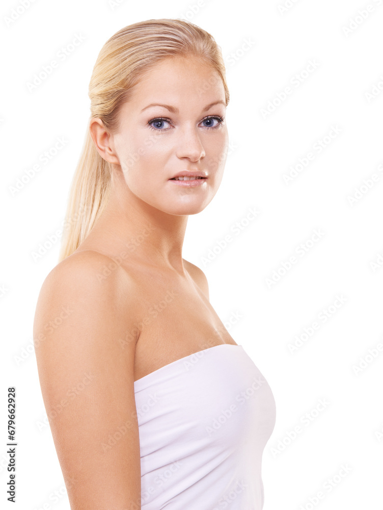 Portrait, cosmetics and woman with beauty, skincare and dermatology isolated on white studio background. Face, person or model with self care, confidence and grooming with mockup space, glow or shine Portrait, cosmetics and woman with beauty, skincare and dermatology isolated on white studio background. Face, person or model with self care, confidence and grooming with mockup space, glow or shine