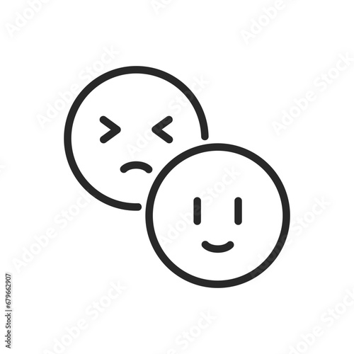 Mood Swings Icon. Vector Outline Editable Isolated Sign of Two Smiley Faces Representing Good and Bad Mood, Symbolizing the Rapid Change of Emotions in Mood Swings.