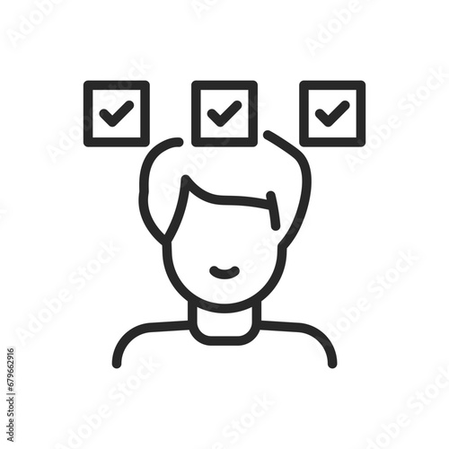 Organizing Life Icon. Vector Outline Editable Isolated Sign of a Person Happily Looking at a Completed Task List, Symbolizing the Efficiency and Satisfaction in Organizing Life and Achieving Goals.