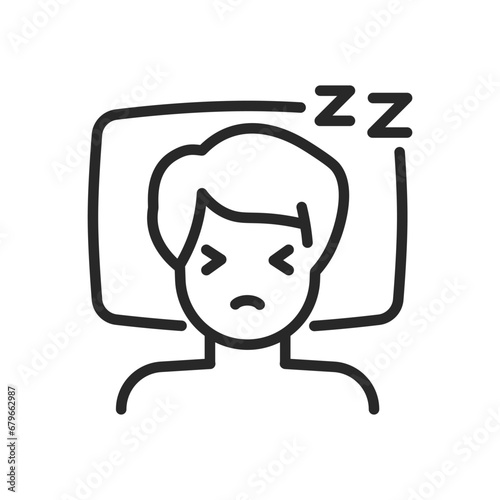 Sleeping Disorder Icon. Vector Outline Editable Isolated Sign of a Tired Person in Bed Struggling with Insomnia, Trying to Sleep, Symbolizing the Challenges of Sleep Disorders.