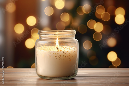 Christmas aroma  candle and decorations on a wooden table  blurred gold bokeh 