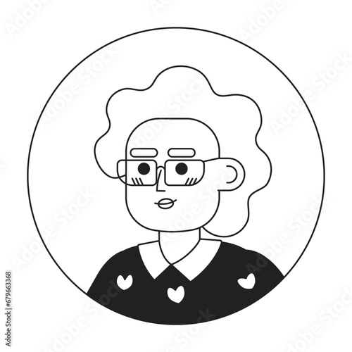 Eyeglasses grandmother relaxed smiling black and white 2D vector avatar illustration. Posing eyeglasses retired woman outline cartoon character face isolated. Positive headshot portrait flat portrait