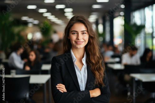Young businesswoman with arms crossed in office.