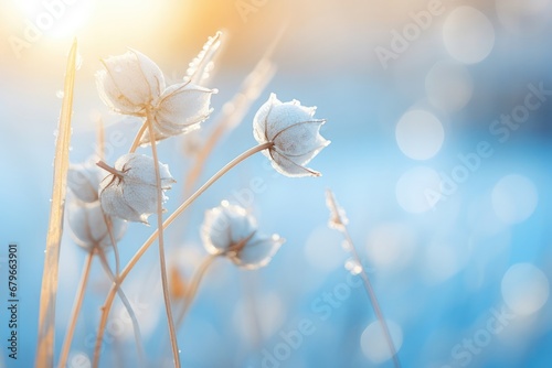 Winter landscape of frozen flowers in ice and frost