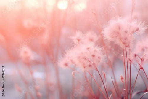 Winter landscape of frozen pink flowers in ice, snow and frost