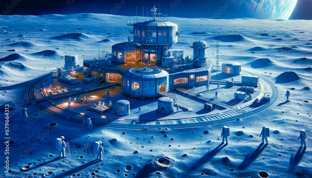 A modern lunar base with astronauts on the moon's surface, illuminated by a blue hue.Generative AI - obrazy, fototapety, plakaty 