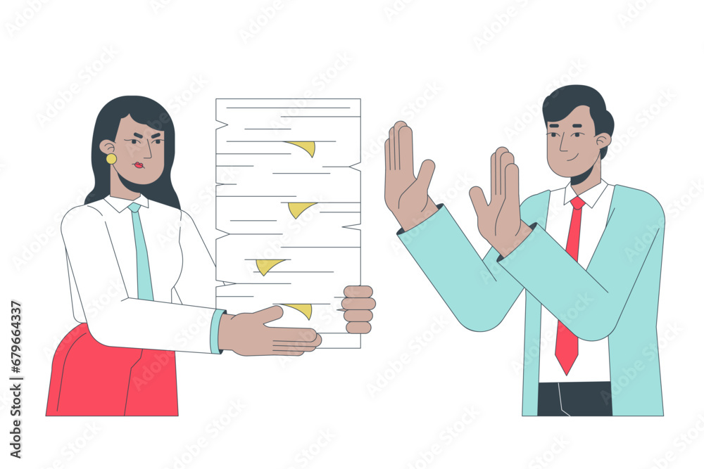 No to unreasonable workload line cartoon flat illustration. Gen z employee refusing overwork from disappointed manager 2D lineart characters isolated on white background. Say no vector color image No to unreasonable workload line cartoon flat illustration. Gen z employee refusing overwork from disappointed manager 2D lineart characters isolated on white background. Say no vector color image